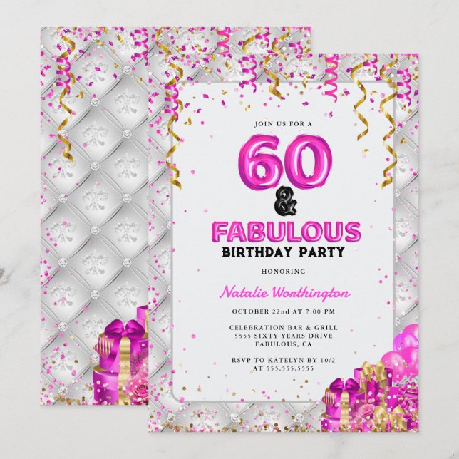 Sextio Fabulous Guld Rosa 60:e födelsedagen Inbjudningar (Fram/baksida)