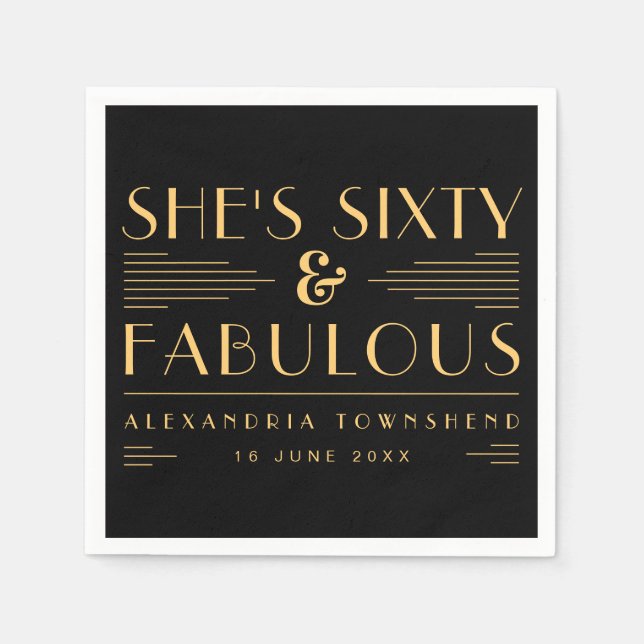 Sextio & fantastisk Art Deco Namn Datum 60-årsdag Pappersservett (Framsidan)