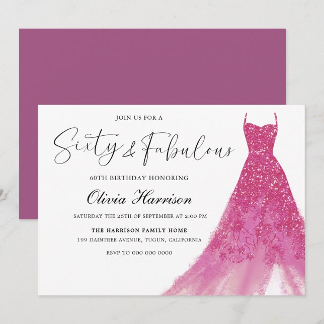 Sextio & fantastisk vacker rosa klänning 60-årsdag inbjudningar (Fram/baksida)