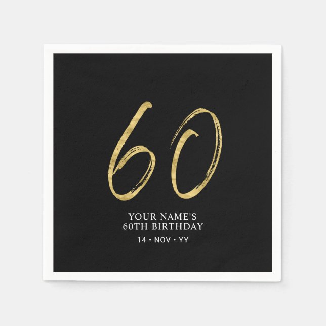 Sextio | Guld & Svart Bokstav 60-årsdag Pappersservett (Framsidan)