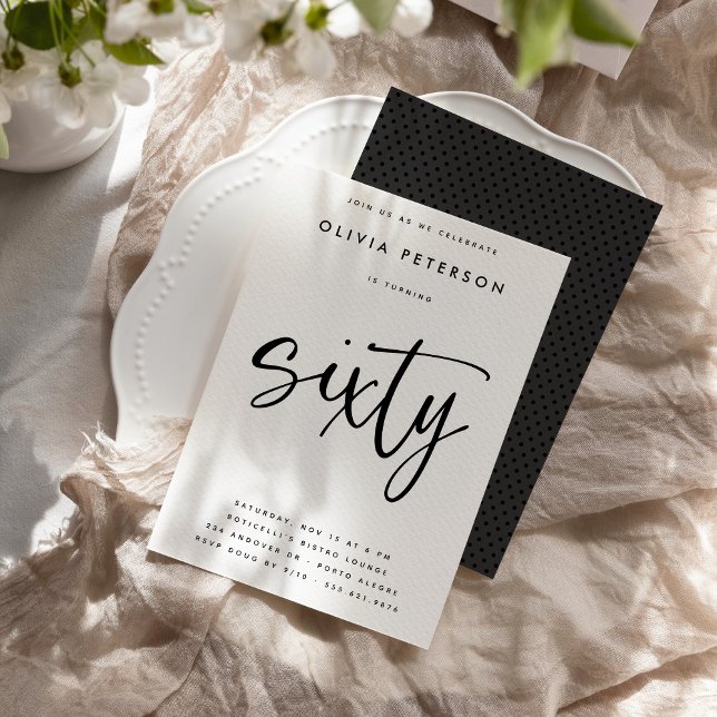sextio | Modern B&W 60:e Födelsedagsfest-typografi Inbjudningar (Skapare uppladdad)