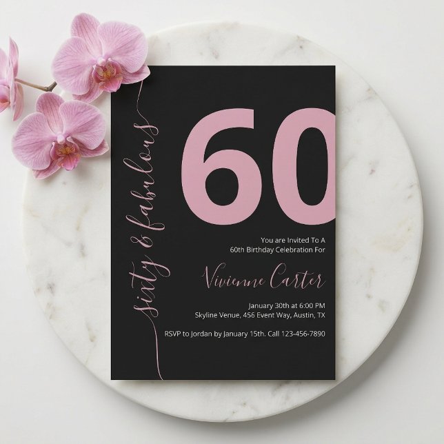 Sextio och fantastisk skript Rosa 60-årsfest Inbjudningar (Sixty and Fabulous Script Pink 60th Birthday Party Invitation)