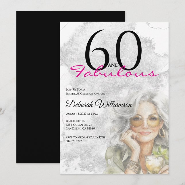 Sextio och fantastisk svart rosa 60-årsdag inbjudningar (Fram/baksida)