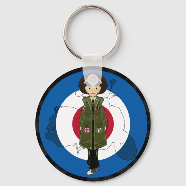 Sextiotal Mod flicka i Parka med Scooter Keychain Nyckelring (Framsida)