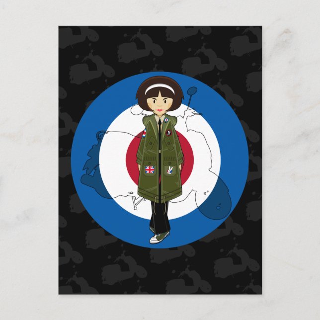 Sextiotal Mod Girl i Parka med Scooter Postcard Vykort (Framsida)