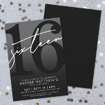 Sexton Black 16-årsdag Inbjudningar<br><div class="desc">Mörkgrå och svart födelsedagsinbjudan för 16-årsfest. Fira att bli 16 med stil med denna djärva, chic design. Den övre halvan har en stor svart ”16” med ett fräscht vitt handskrivet ”sixteen” skrivet över, som sticker ut mot en mörkgrå bakgrund för en övergripande svart-vit look. Den nedre delen är enfärgat mörkgrå...</div>