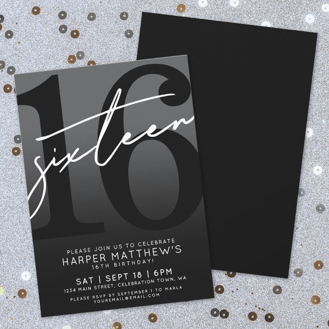 Sexton Black 16-årsdag Inbjudningar (Sweet Sixteen Black 16th Birthday Invitation)