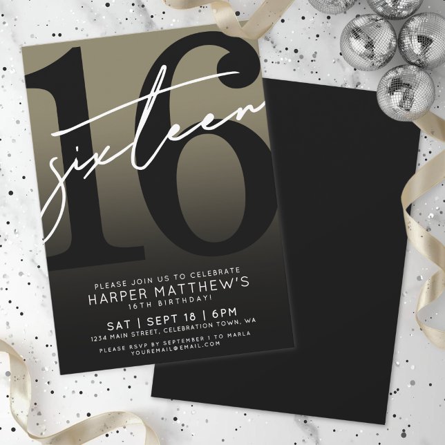 Sexton Black Gold 16-årsdag Inbjudningar (Sixteen Black Gold 16th Birthday Invitation)