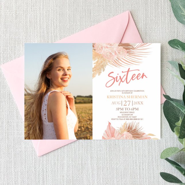 Sexton Boho Rosa Photo 16:e Födelsedagsfesten Inbjudningar (Skapare uppladdad)