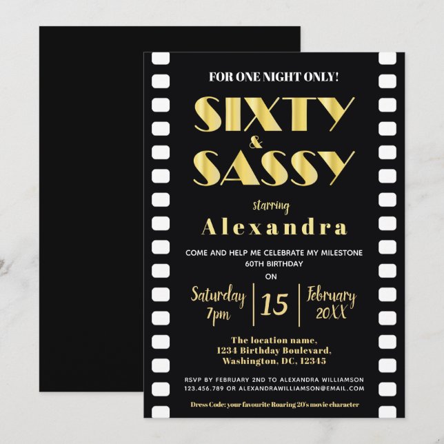 Sexton och sassy Guld Black Roaring 20-tal Movie S Inbjudningar (Fram/baksida)