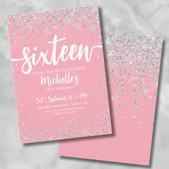 Sexton Rosa Glitter Elegant Chic Söt 16 Inbjudningar (16th Pink Glitter Sweet Sixteen Birthday Invitation)