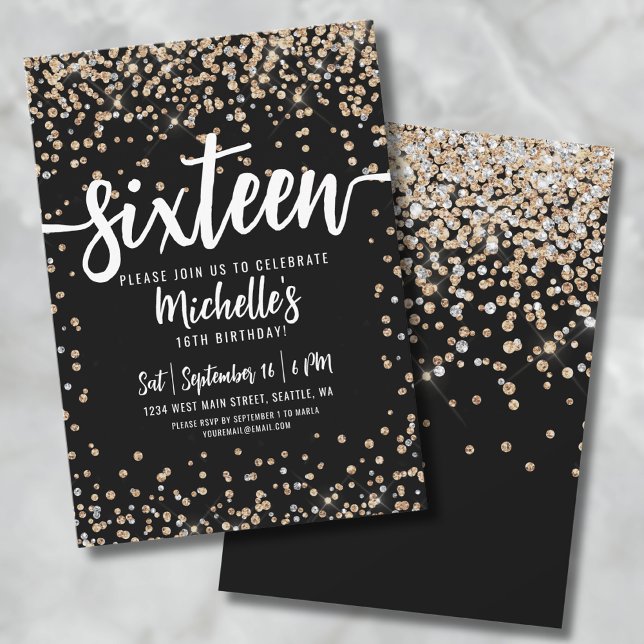 Sexton Svart Guld Glitter 16-årsdag Inbjudningar (Sixteen Black And Gold Glitter 16th Birthday Invitation)