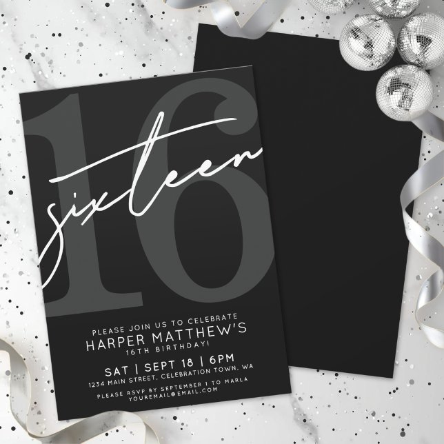 Sexton Svart Vitt 16-årsdag Inbjudningar (Sixteen Black White 16th Birthday Invitation)