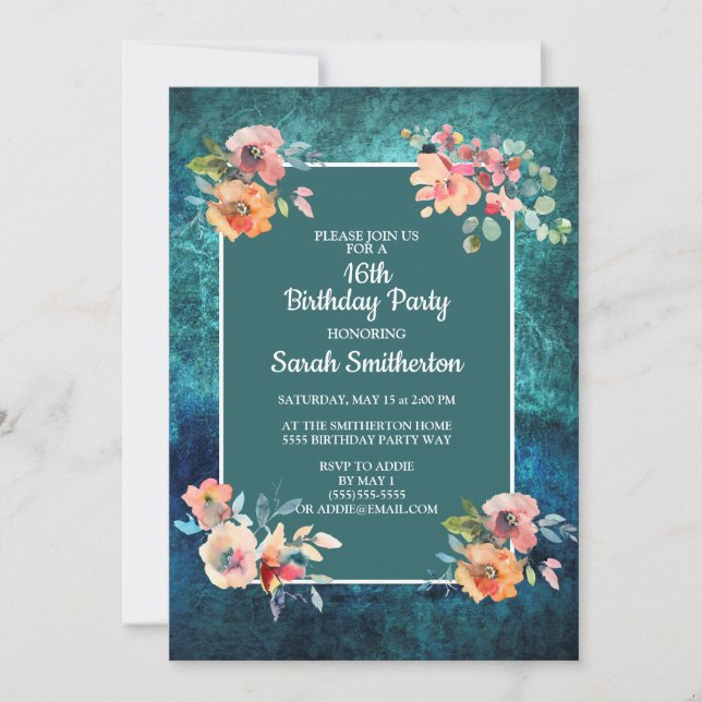 Sextonårsfest Teal Rosa Blommiga Ränder Kort (Framsida)