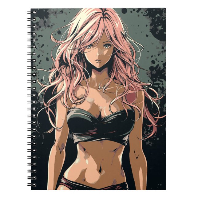 Sexy Anime Girl in Black Bikini Anteckningsbok (Framsidan)