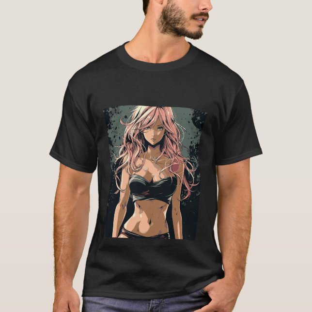 Sexy Anime Girl in Black Bikini T Shirt (Framsida)