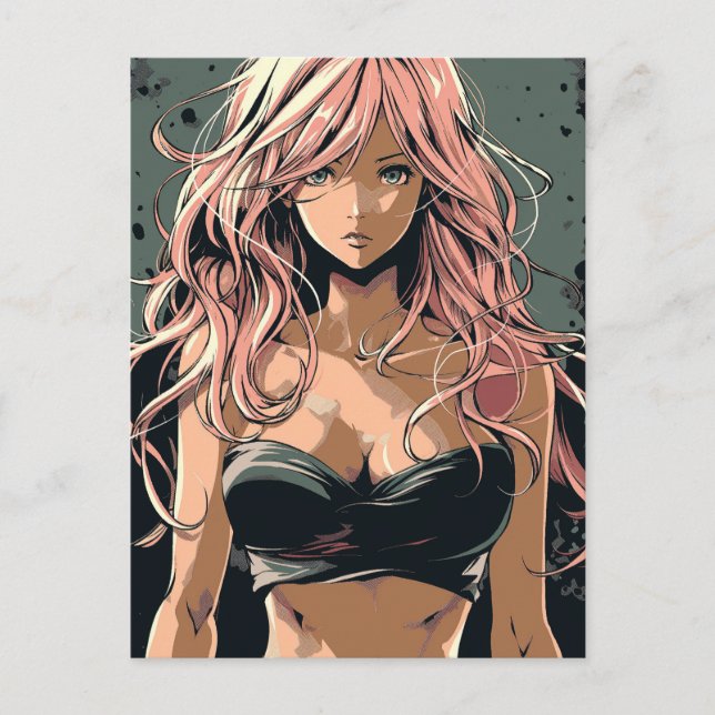 Sexy Anime Girl in Black Bikini Vykort (Framsida)