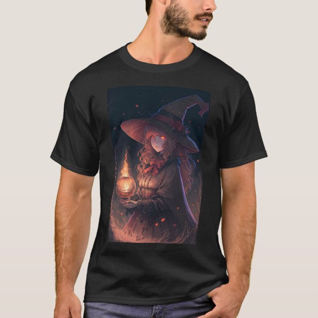 Sexy Anime Witch Holding Cute Lantern T Shirt (Framsida)