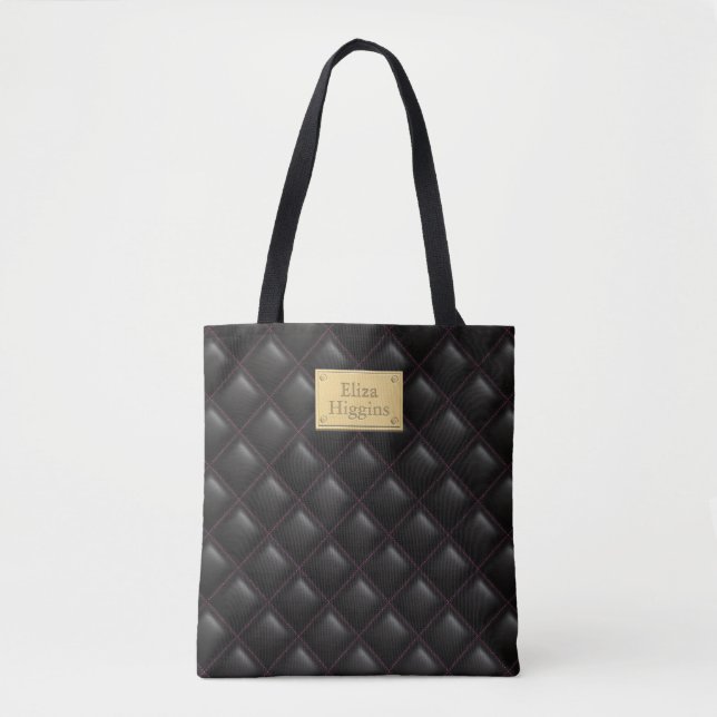 Sexy Black Leather Quilted Goemtric Mönster Namn Tygkasse (Framsida)