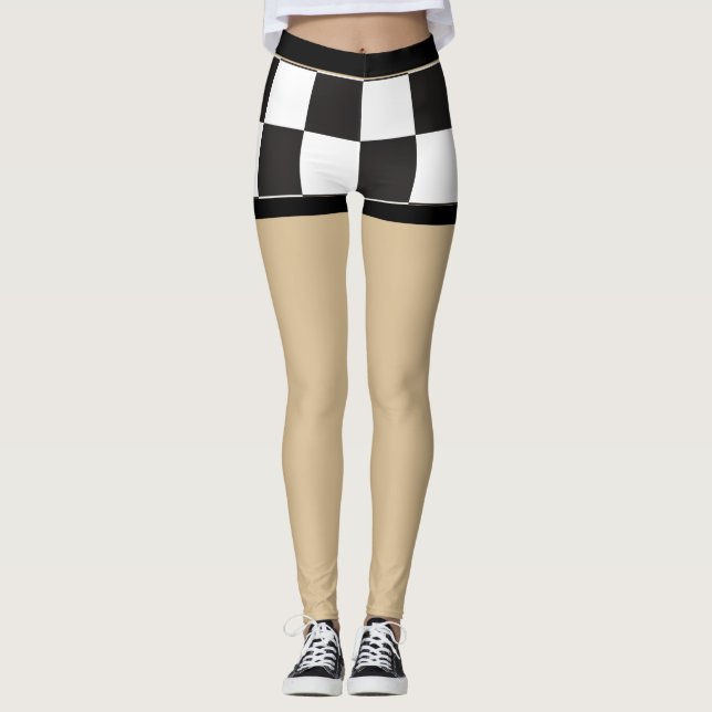 Sexy Checkated black and white Fake kort Leggings (Framsida)