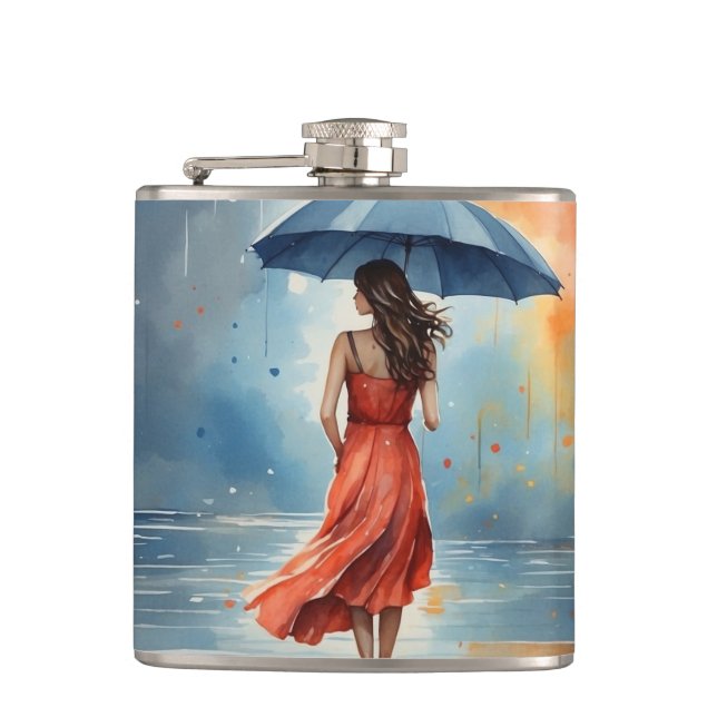 Sexy Dam i Spanien med paraplyer - vattenfärgskons Fickplunta (Framsidan)