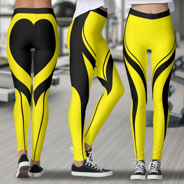 Sexy Gult Black Heart Butt Gym Activewear Leggings (Yellow and black leggings with black heart on butt and abstract line design)