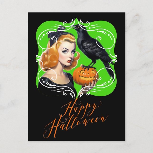 Sexy Halloween Girl och Raven Helg Vykort (Framsida)
