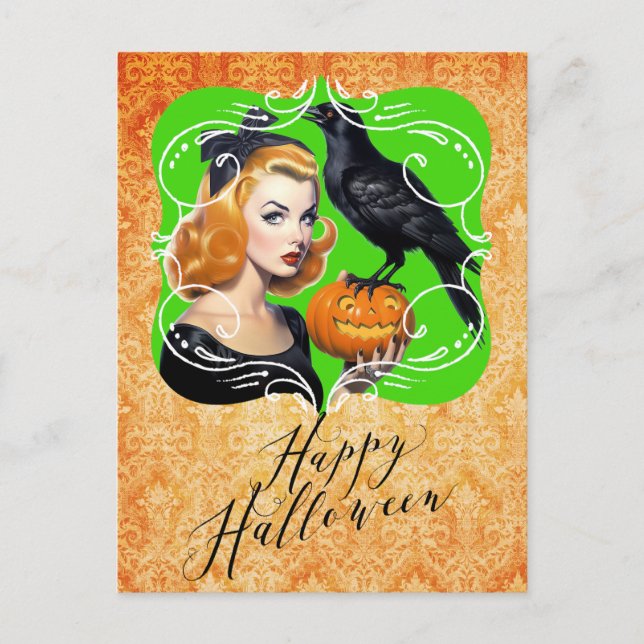 Sexy Halloween Girl och Raven Helg Vykort (Framsida)