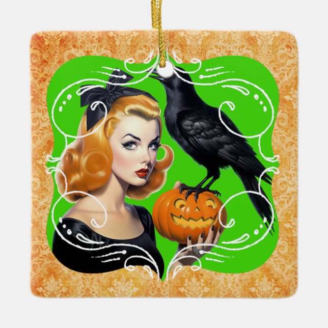 Sexy Halloween Girl och Raven Julgransprydnad Keramik (Framsida)