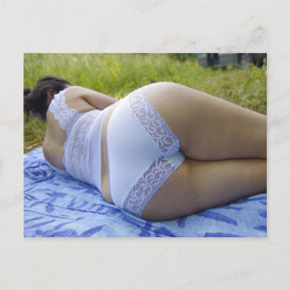 Sexy lingerie-modell, vit snöre-foto vykort