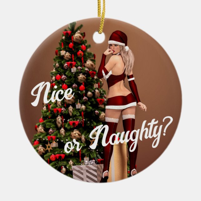 Sexy Santa Girl nära Julgran Julgransprydnad Keramik (Framsidan)