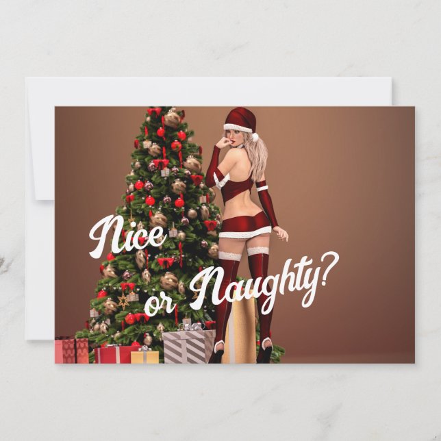 Sexy Santa Girl nära Julgran Julkort (Framsida)