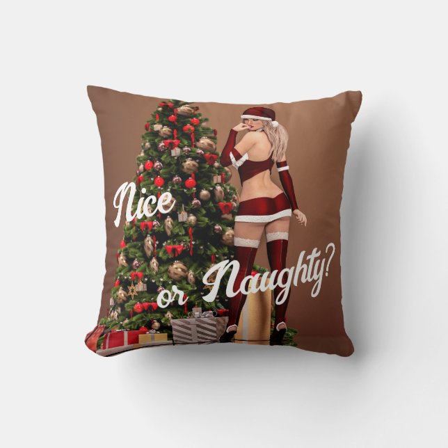 Sexy Santa Girl nära Julgran Kudde (Framsida)