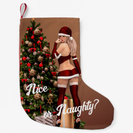 Sexy Santa Girl nära Julgran Liten Julstrumpa