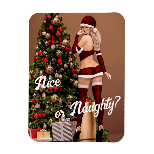 Sexy Santa Girl nära Julgran Magnet (Vertikal)