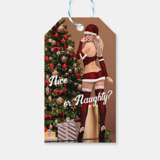 Sexy Santa Girl nära Julgran Presentetikett (Framsidan)