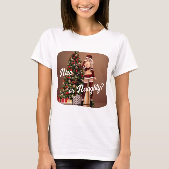 Sexy Santa Girl nära Julgran T Shirt (Framsida)