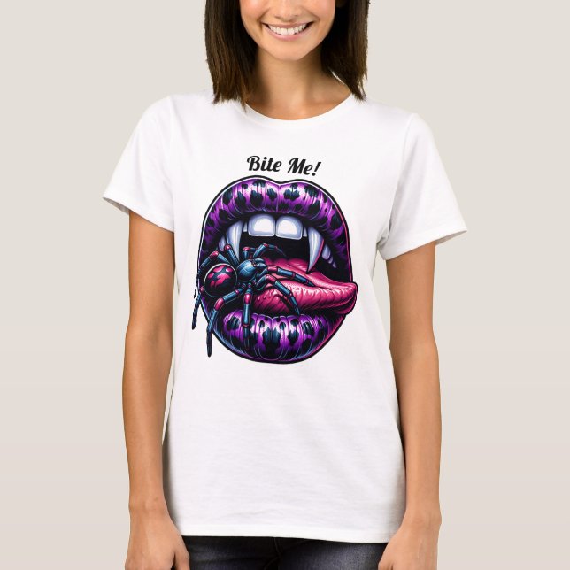Sexy Vampre Mouth Winged Back T Shirt (Framsida)