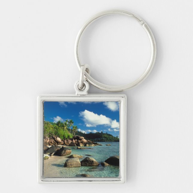 Seychellerna, Mahe Island, Anse Royale Beach. 3 Fyrkantig Silverfärgad Nyckelring (Framsidan)