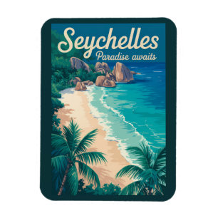 Seychellerna Strand Illustration Resa Konst Vintag Magnet