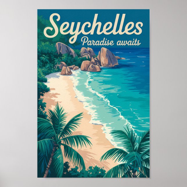 Seychellerna Strand Illustration Resa Konst Vintag Poster (Framsidan)