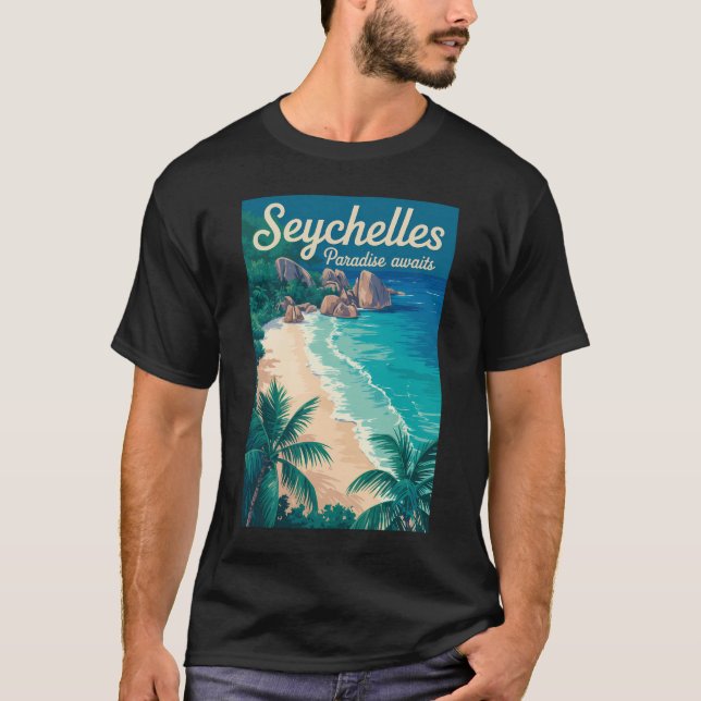 Seychellerna Strand Illustration Resa Konst Vintag T Shirt (Framsida)