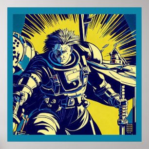 SF - Anime Hero Woodcut 1 Poster