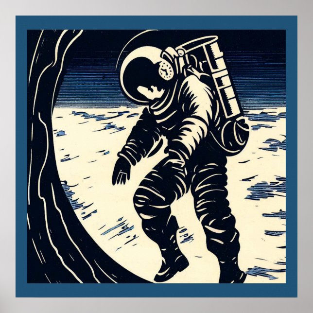 SF - Astronaut på Spacewalk Woodcut 3 Poster (Framsidan)