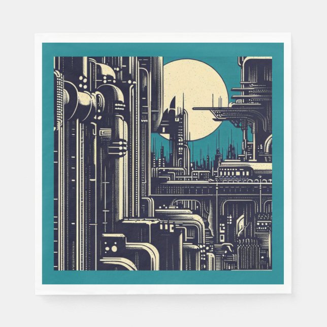 SF Futuristiska City Woodcut 2 Pappersservett (Framsidan)