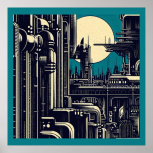SF Futuristiska City Woodcut 2 Poster