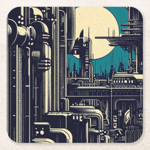 SF Futuristiska City Woodcut 2 Underlägg Papper Kvadrat