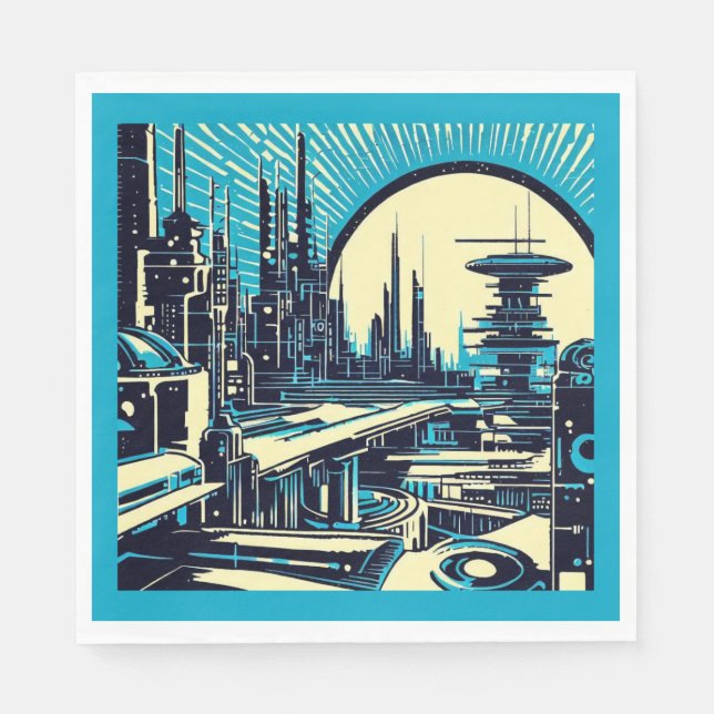 SF Futuristiska City Woodcut 3 Pappersservett (Framsidan)