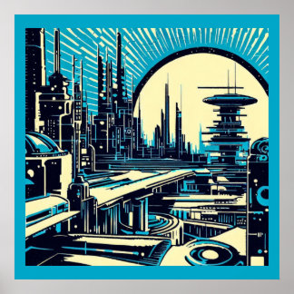SF Futuristiska City Woodcut 3 Poster