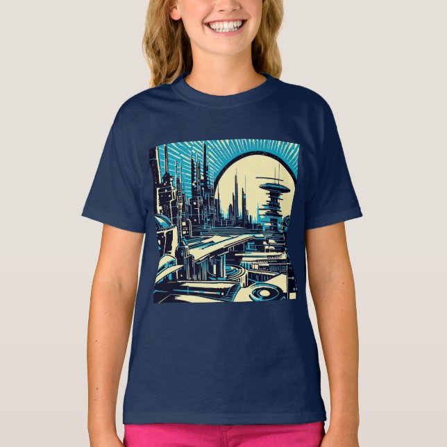 SF Futuristiska City Woodcut 3 T Shirt (Framsida)